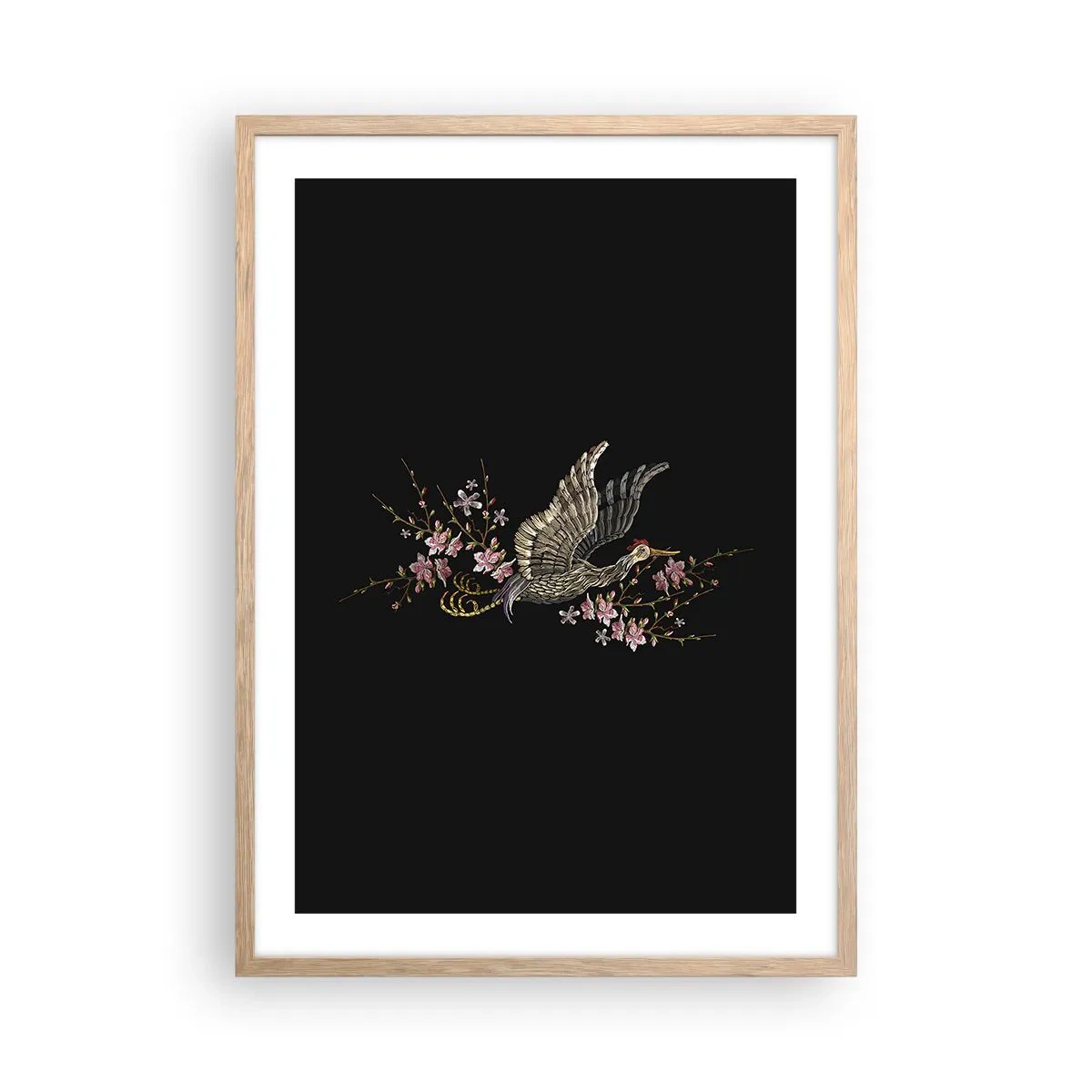 Poster în ramă de stejar deschis - Pasăre exotică brodată - 50x70 cm