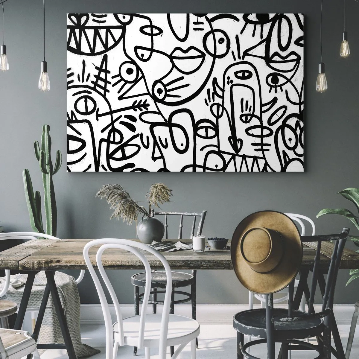 Tablou pe pânză Canvas - Desene abstracte alb-negru cu motive faciale - 70x50cm - Chipuri și miraje - Decorațiune modernă pentru perete pentru living și dormitor ARTTOR