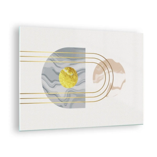 Tablou pe sticlă - Pictură abstractă în auriu și gri - 70x50cm - Lumină și strălucire - Decorațiune modernă pentru perete pentru living și dormitor ARTTOR