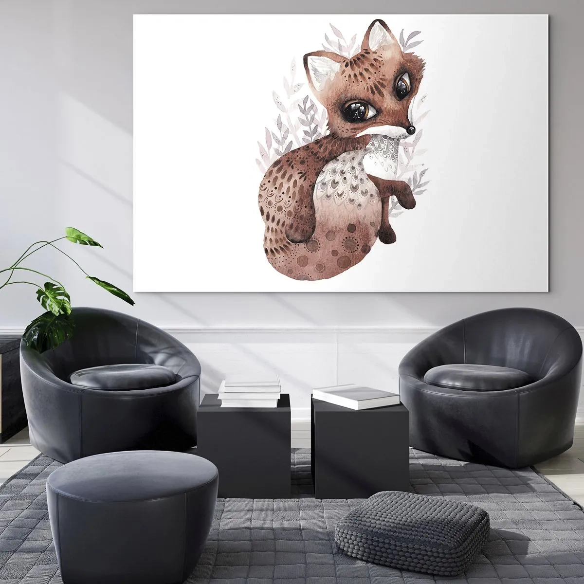 Tablou pe sticlă - O vulpe drăguță în acuarelă pe fundal alb - 70x50cm - Doar iubire - Decorațiune modernă pentru perete pentru living și dormitor ARTTOR