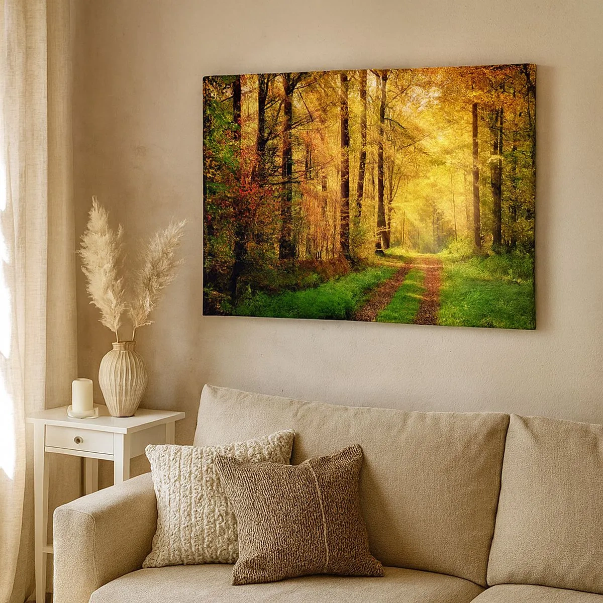 Tablou pe pânză Canvas - O potecă de pădure înconjurată de copaci aurii și verzi - 70x50cm - Tăcere de aur de pădure - Decorațiune modernă pentru perete pentru living și dormitor ARTTOR