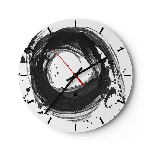 Ceas de perete - Ceas pe sticlă - Cerc abstract format din tușe negre de pensulă - 30x30cm - Vortexul creației - Decorațiune modernă pentru perete pentru living, bucătărie și dormitor ARTTOR