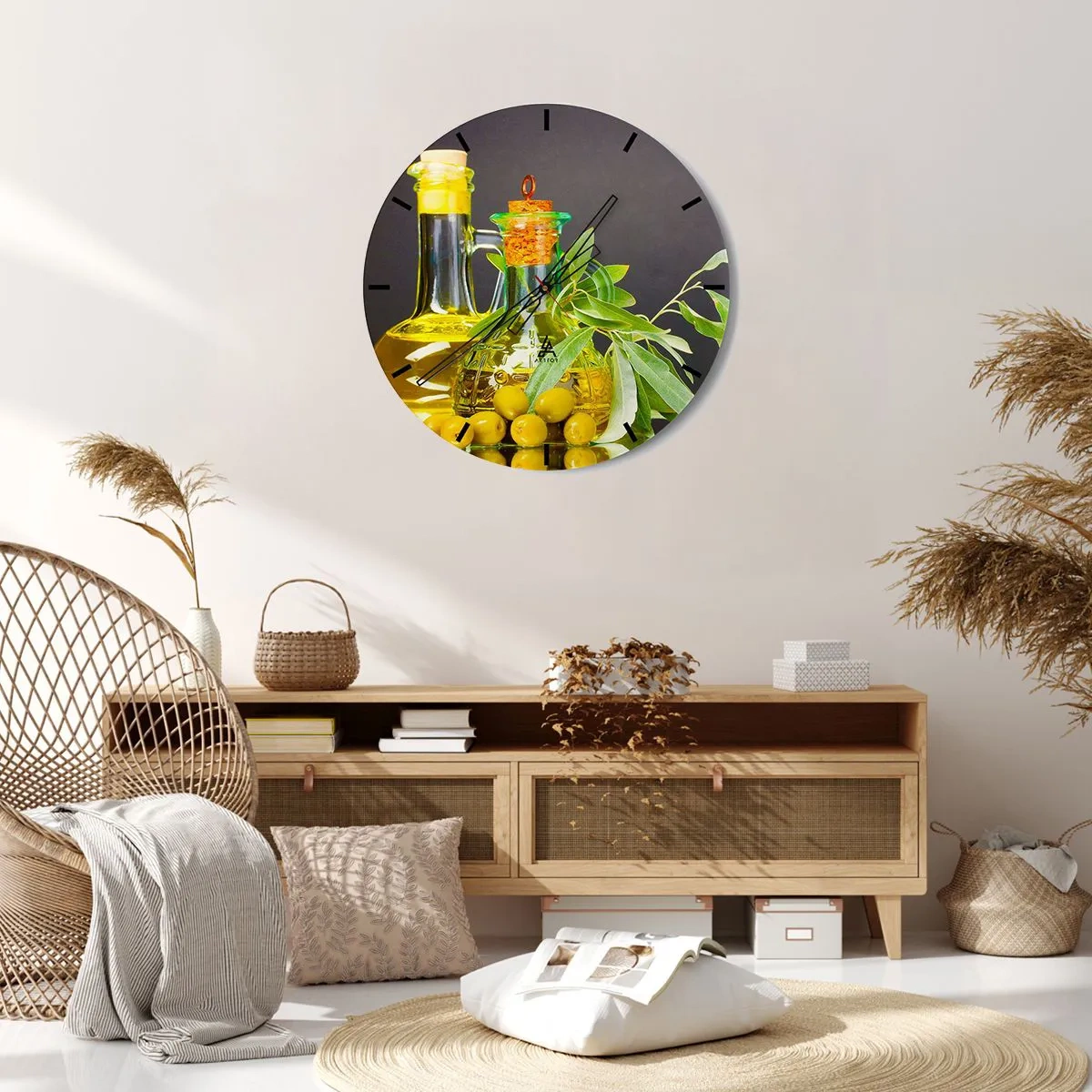 Ceas de perete - Ceas pe sticlă - Natură moarte cu măsline și ulei - 30x30 cm