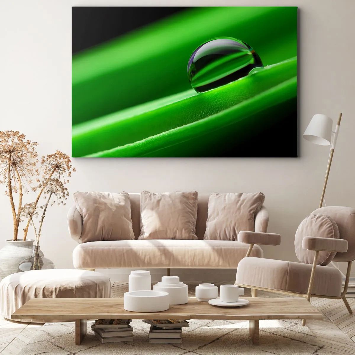 Tablou pe pânză Canvas - Prim-plan al unei picături de rouă pe o frunză verde - 70x50cm - Viața de aproape - Decorațiune modernă pentru perete pentru living și dormitor ARTTOR