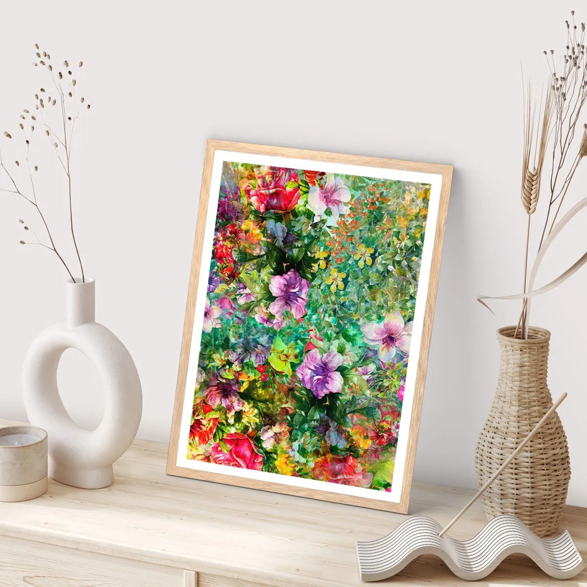 Poster în ramă de stejar deschis - Să ne pierdem în flori - 70x100 cm