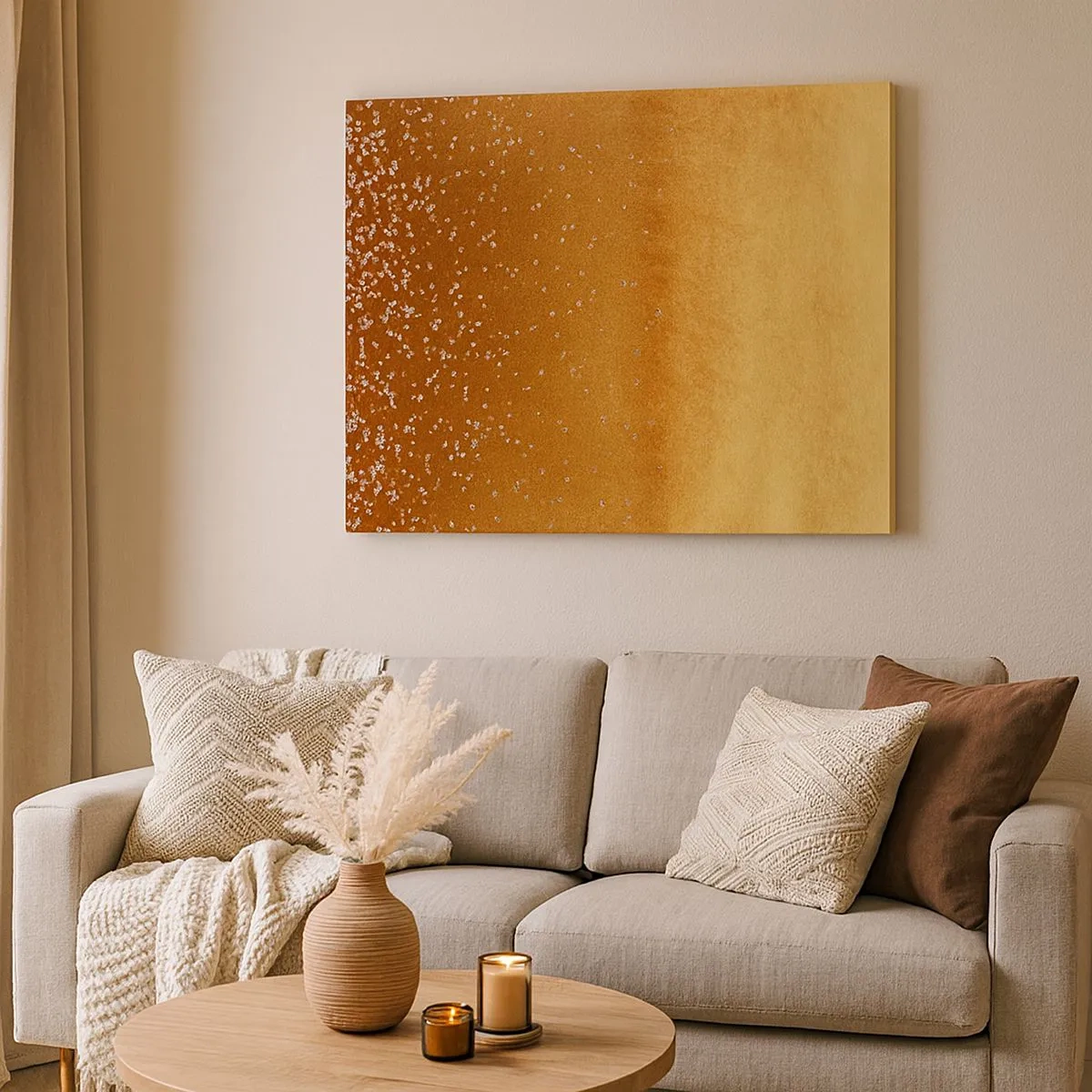 Tablou pe pânză Canvas - Un gradient auriu cu strălucire subtilă și ornamente - 70x50cm - Nașterea luminii - Decorațiune modernă pentru perete pentru living și dormitor ARTTOR