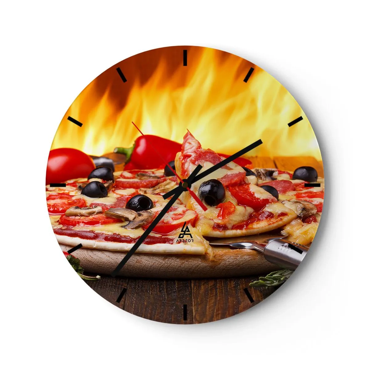 Ceas de perete - Ceas pe sticlă - Pizza cu măsline și roșii la foc - 30x30cm - From Italy with love - Decorațiune modernă pentru perete pentru living, bucătărie și dormitor ARTTOR