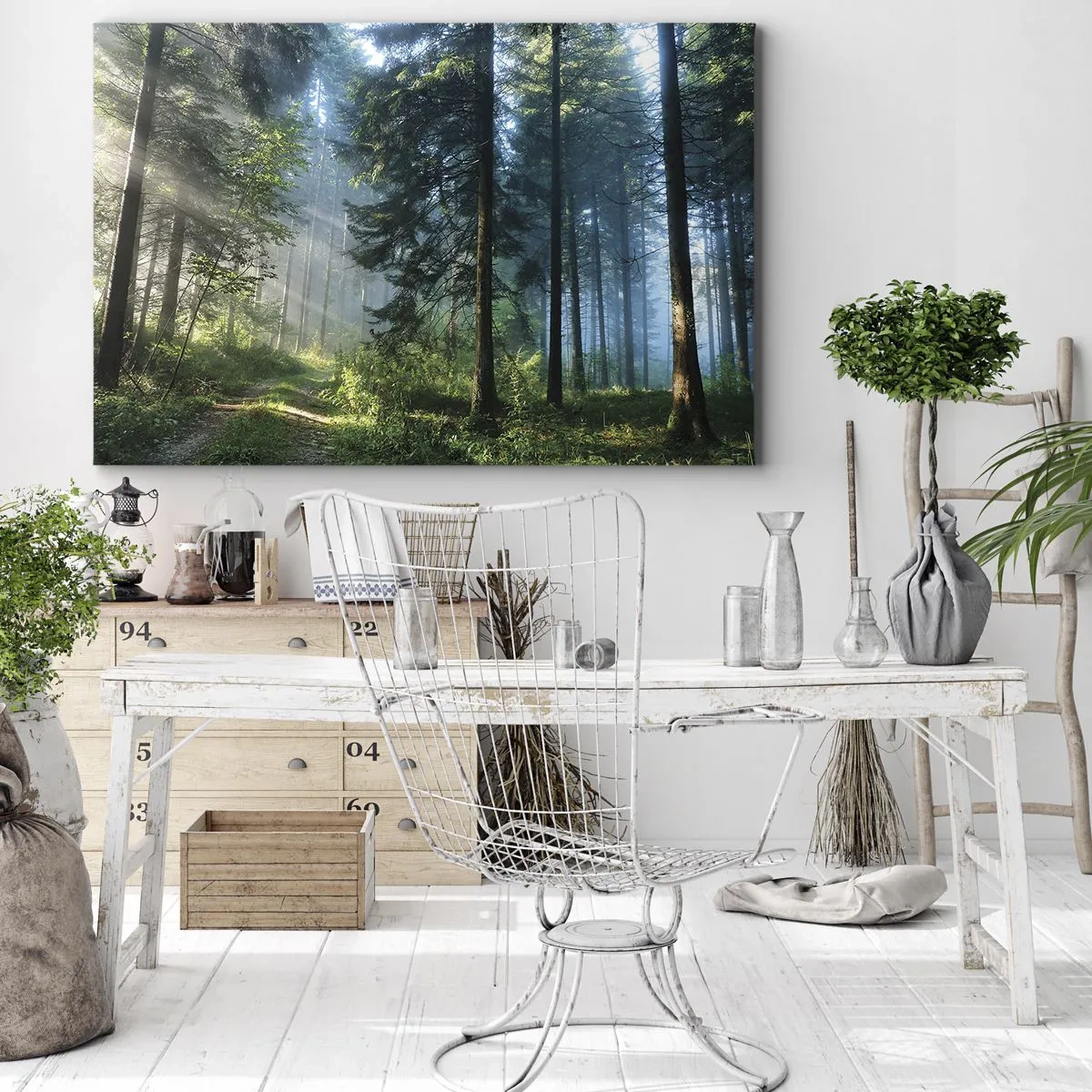 Tablou pe pânză Canvas - O cărare de pădure luminată de razele soarelui de dimineață - 70x50cm - Strălucirea de dimineață - Decorațiune modernă pentru perete pentru living și dormitor ARTTOR