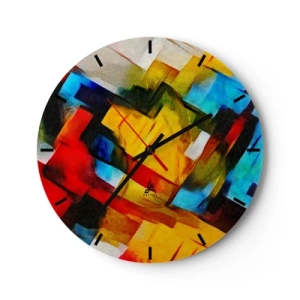Ceas de perete - Ceas pe sticlă - Abstracție colorată cu forme geometrice - 30x30cm - Sandviș multicolor - Decorațiune modernă pentru perete pentru living, bucătărie și dormitor ARTTOR