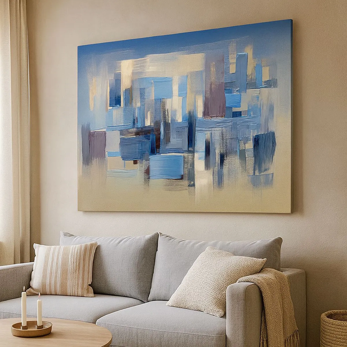 Tablou pe pânză Canvas - Forme geometrice în nuanțe de albastru și bej - 70x50cm - Construcție albastră - Decorațiune modernă pentru perete pentru living și dormitor ARTTOR