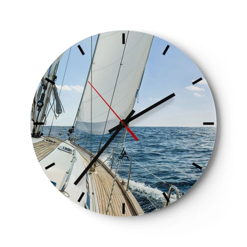 Ceas de perete - Ceas pe sticlă - Puntea unei bărci cu pânze în largul mării într-o zi însorită - 30x30cm - Ahoy aventura - Decorațiune modernă pentru perete pentru living, bucătărie și dormitor ARTTOR