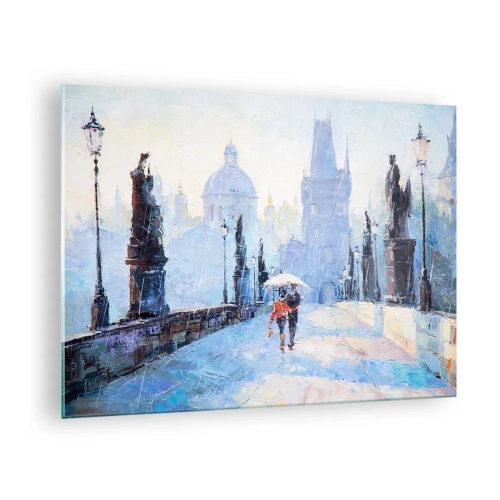 Tablou pe sticlă - Mergând cu o umbrelă pe un pod istoric într-o zi ploioasă - 70x50cm - Probabil că am fost vrăjiți de ploaie - Decorațiune modernă pentru perete pentru living și dormitor ARTTOR