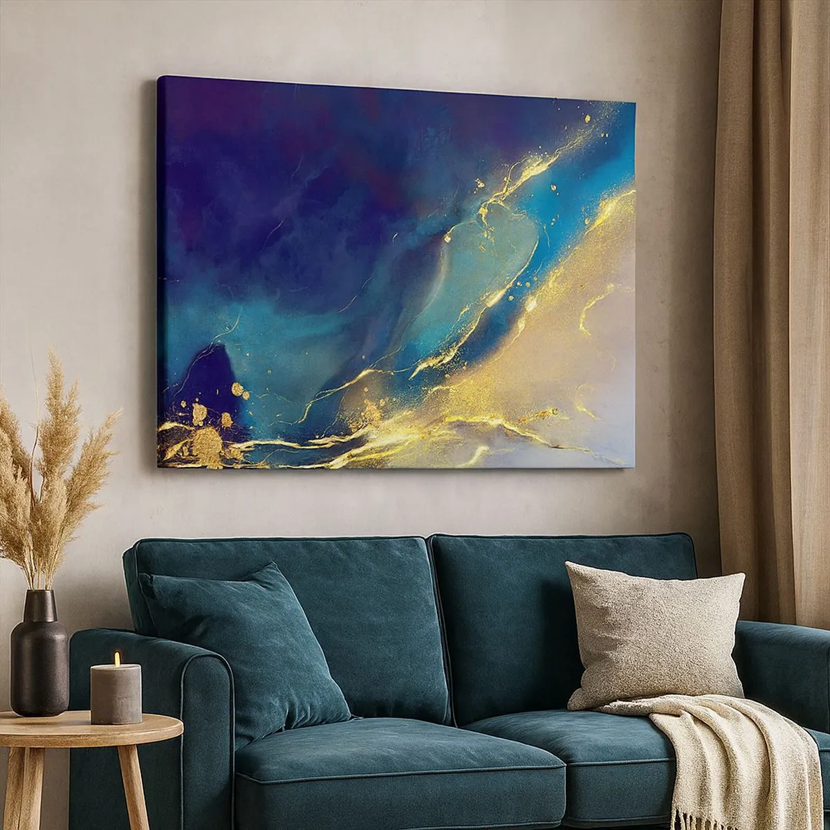 Tablou pe pânză Canvas - Compoziție abstractă în nuanțe de albastru și auriu pe pânză - 70x50cm - Baltă de aur - Decorațiune modernă pentru perete pentru living și dormitor ARTTOR
