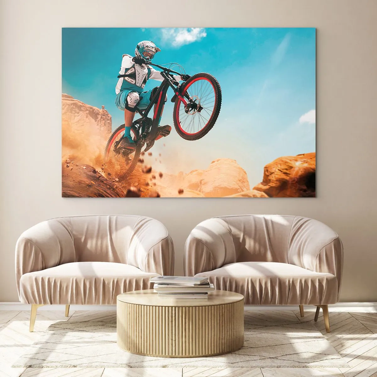Tablou pe sticlă - Scenă dinamică a unui ciclist în acțiune pe teren stâncos - 70x50cm - Nebunia demonului bicicletei - Decorațiune modernă pentru perete pentru living și dormitor ARTTOR