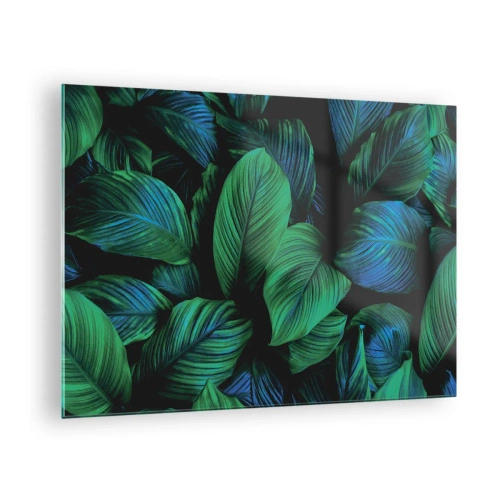 Tablou pe sticlă - Prim-plan al frunzelor în nuanțe intense de verde - 70x50cm - Traficul verde - Decorațiune modernă pentru perete pentru living și dormitor ARTTOR