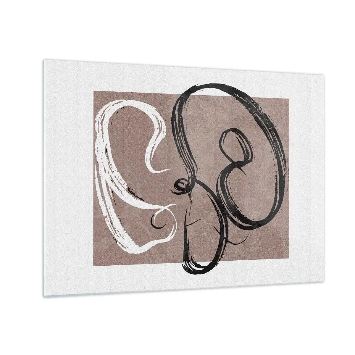 Tablou pe sticlă - Pensula dinamică în alb și negru pe un fundal bej. - 70x50cm - Compoziția - căutarea plenitudinii - Decorațiune modernă pentru perete pentru living și dormitor ARTTOR