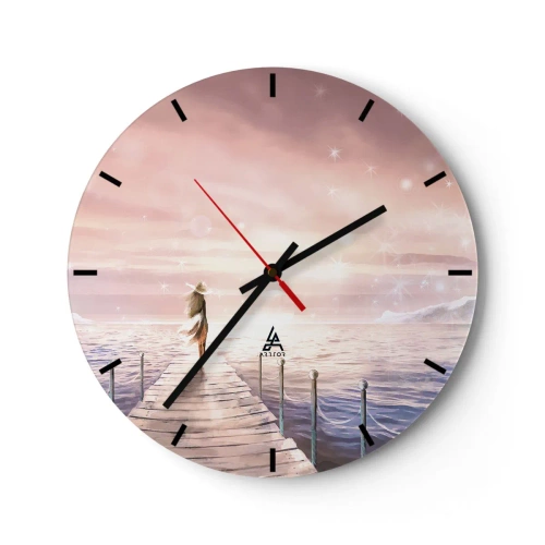 Ceas de perete - Ceas pe sticlă - O femeie pe un dig într-un peisaj pastelat, magic - 30x30cm - În lumina unui vis - Decorațiune modernă pentru perete pentru living, bucătărie și dormitor ARTTOR