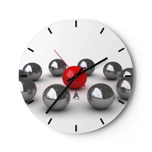 Ceas de perete - Ceas pe sticlă - Bile roșii și argintii pe fundal alb, un model minimalist - 30x30cm - Cerc în argintiu și roșu - Decorațiune modernă pentru perete pentru living, bucătărie și dormitor ARTTOR