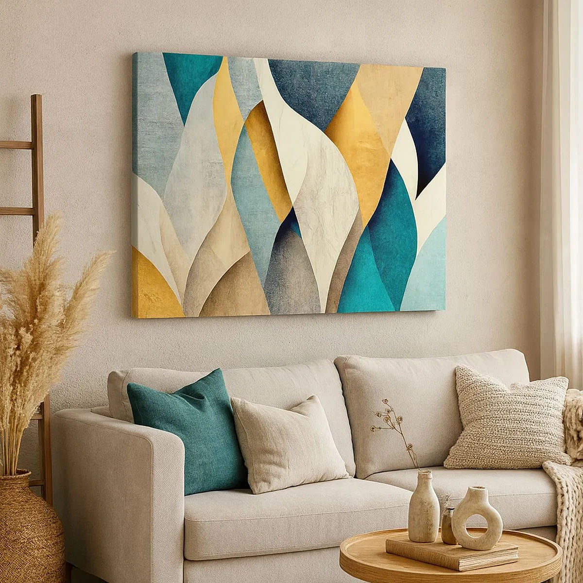 Tablou pe pânză Canvas - Valuri abstracte în nuanțe de albastru și auriu - 70x50cm - Ritm și ondulare - Decorațiune modernă pentru perete pentru living și dormitor ARTTOR