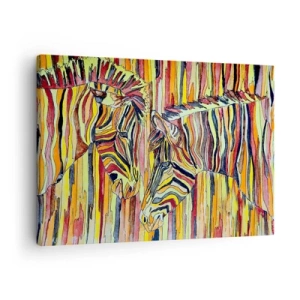 Tablou pe pânză Canvas - Zebre colorate pe un fundal de dungi abstracte - 70x50cm - Deci și tu.. - Decorațiune modernă pentru perete pentru living și dormitor ARTTOR