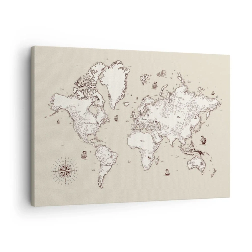 Tablou pe pânză Canvas - O hartă stilizată a lumii în nuanțe de bej și maro. - 70x50cm - O călătorie în jurul lumii - Decorațiune modernă pentru perete pentru living și dormitor ARTTOR