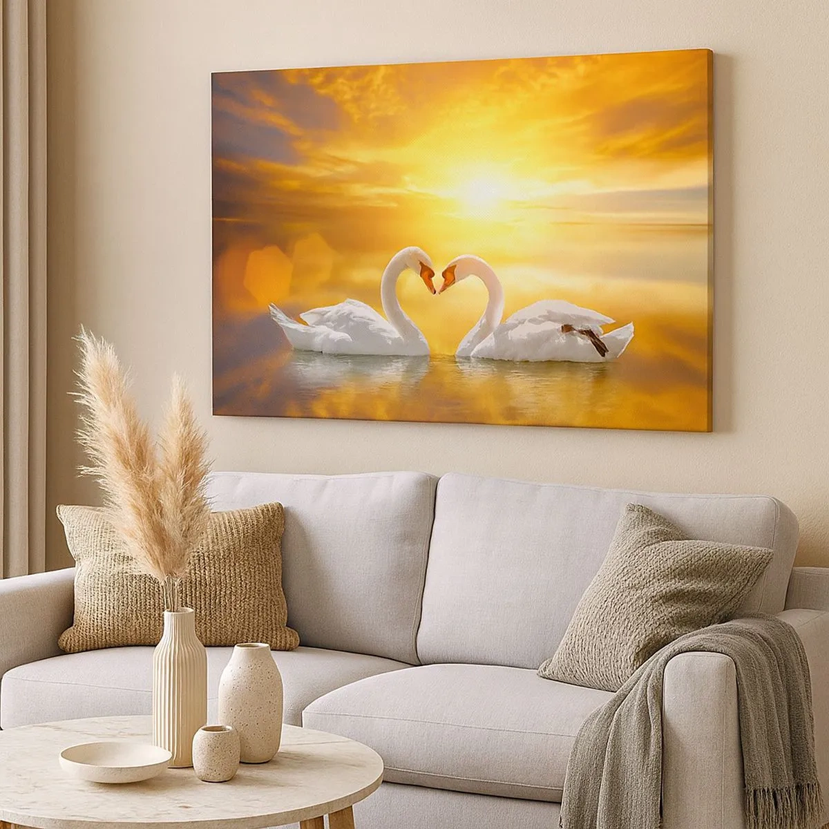 Tablou pe pânză Canvas - O scenă romantică cu două lebede formând o inimă pe fundalul unui apus de soare auriu. - 70x50cm - Inima este cel mai frumos cuvânt din lume... - Decorațiune modernă pentru perete pentru living și dormitor ARTTOR