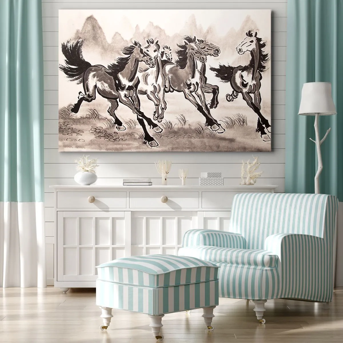 Tablou pe pânză Canvas - Grafică dinamică a cailor în galop în stil oriental - 70x50cm - Un galop vesel - Decorațiune modernă pentru perete pentru living și dormitor ARTTOR