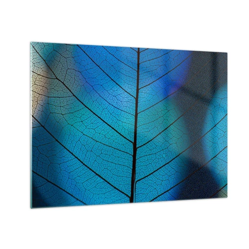 Tablou pe sticlă - Un prim-plan al unei frunze albastre care arată structura nervurilor. - 70x50cm - Construcție de finețe - Decorațiune modernă pentru perete pentru living și dormitor ARTTOR