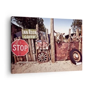 Tablou pe pânză Canvas - Decorațiuni rustice cu semne și o roată pe gard - 70x50cm - Iar timpul s-a oprit - Decorațiune modernă pentru perete pentru living și dormitor ARTTOR