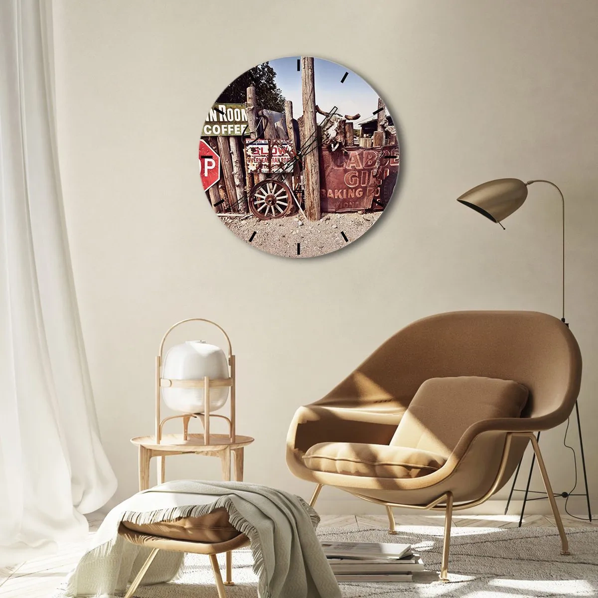 Ceas de perete - Ceas pe sticlă - Decorațiuni rustice cu roți de lemn și craniu de taur - 30x30cm - Iar timpul s-a oprit - Decorațiune modernă pentru perete pentru living, bucătărie și dormitor ARTTOR