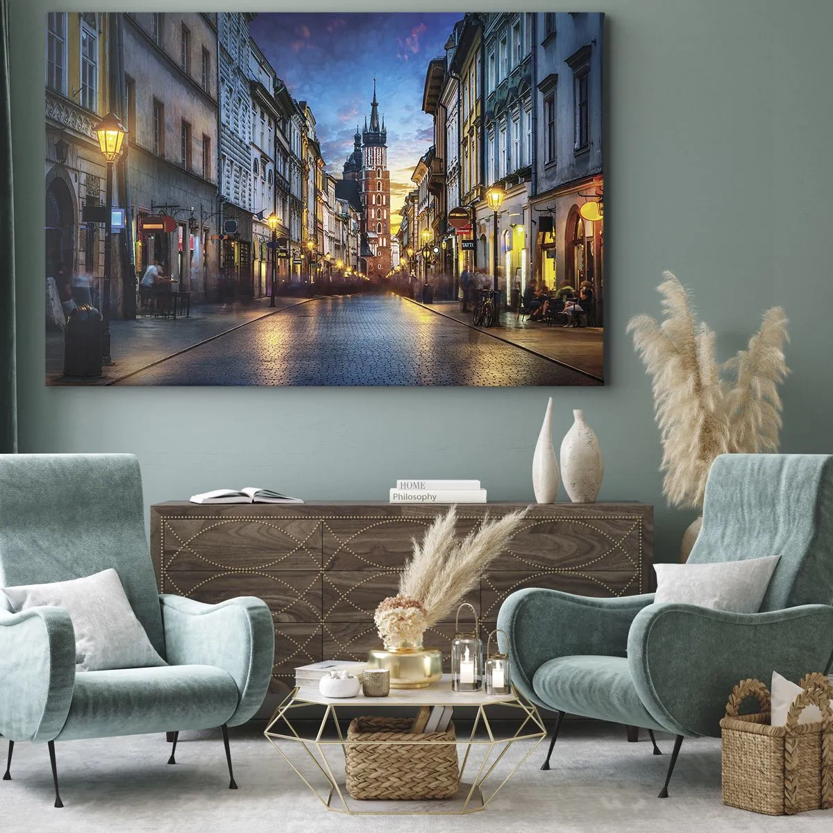Tablou pe pânză Canvas - Stradă de seară cu vedere la Catedrala din Cracovia - 70x50cm - Farmecul Cracoviei - Decorațiune modernă pentru perete pentru living și dormitor ARTTOR