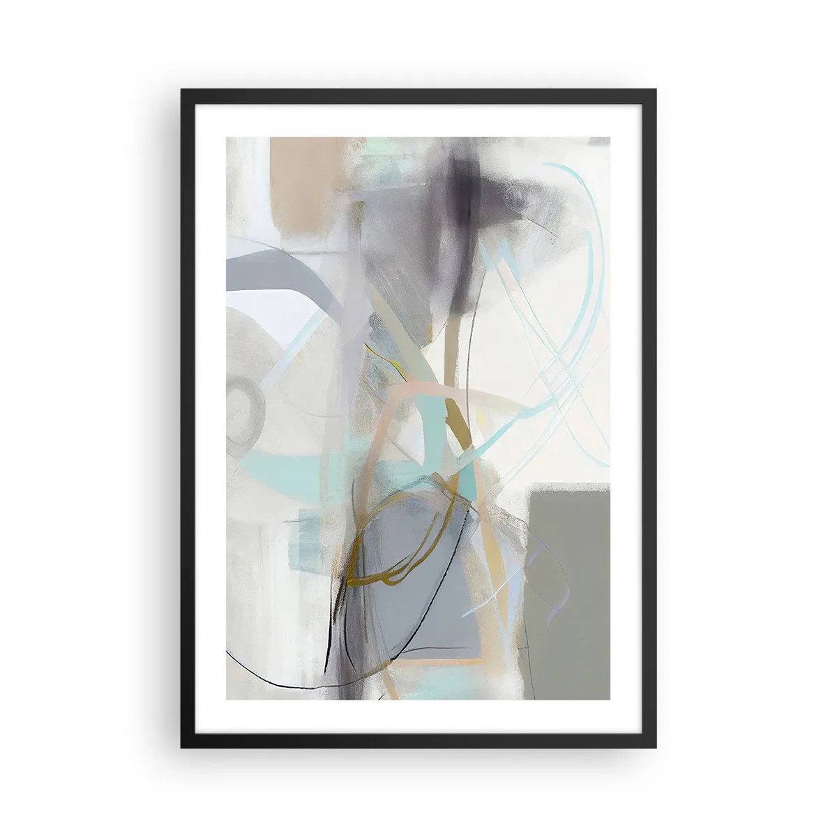 Poster în ramă neagră - Abstracție subtilă în nuanțe de gri și albastru - 50x70cm - Abstracție cețoasă - Decorațiune modernă pentru perete pentru living și dormitor ARTTOR