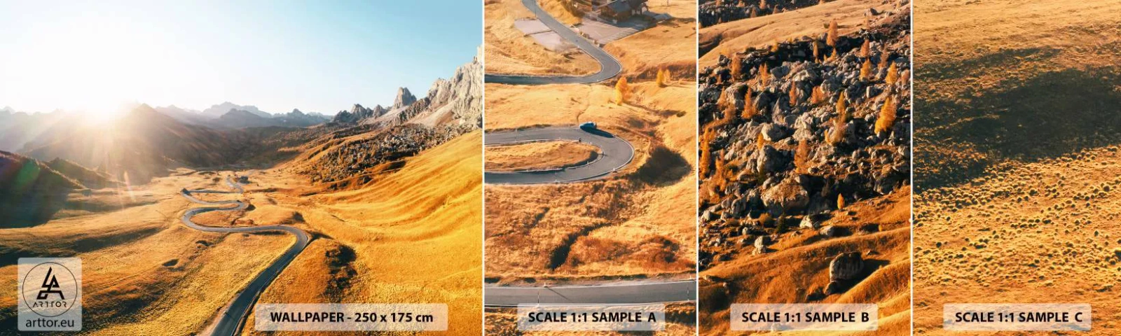 Mostră de Tapet Standard Eco - Într-o vale de aur - Peisaj, Munţi, Italia - 100x30 cm