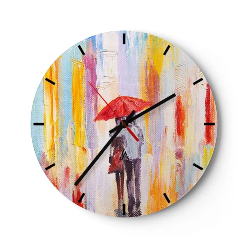 Ceas de perete - Ceas pe sticlă - figură cu o umbrelă roșie pe fundalul unui oraș colorat - 30x30cm - Să plouă în continuare - Decorațiune modernă pentru perete pentru living, bucătărie și dormitor ARTTOR