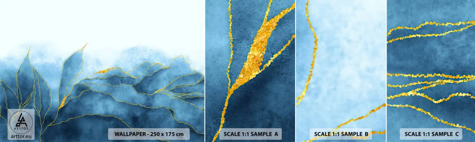 Mostră tapet autocolant Deluxe Sticker - Albastru în aur - Luxos, Glamour, Abstracția - 100x30 cm