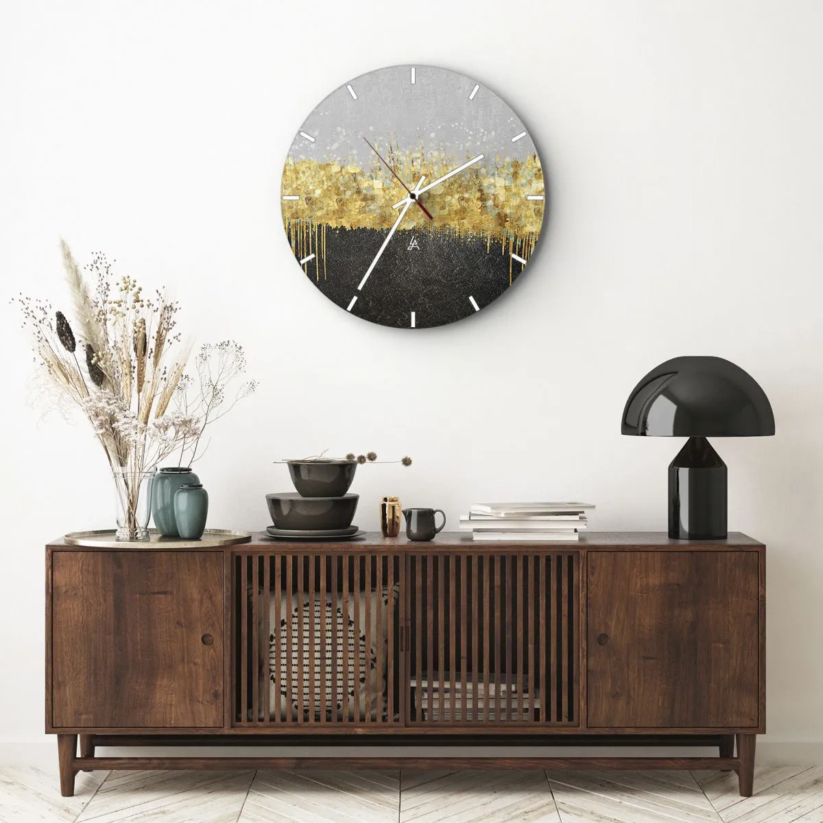 Ceas de perete - Ceas pe sticlă - Reflexii aurii într-o compoziție artistică pe un fundal negru și gri - 30x30cm - Înăuntru și în sus - Decorațiune modernă pentru perete pentru living, bucătărie și dormitor ARTTOR