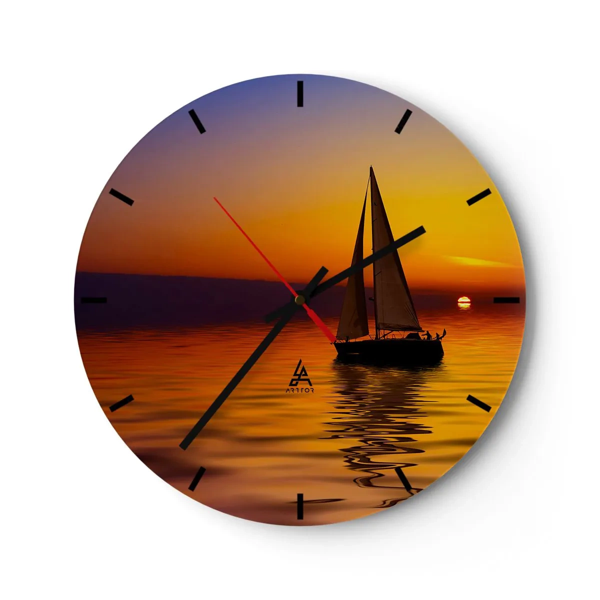 Ceas de perete - Ceas pe sticlă - O barcă cu pânze pe mare la apus - 30x30cm - Ce liniște e aici la amurg... - Decorațiune modernă pentru perete pentru living, bucătărie și dormitor ARTTOR