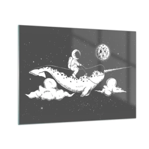 Tablou pe sticlă - Astronautul călare pe un narval într-un decor spațial - 70x50cm - Cavalerul Spațial - Decorațiune modernă pentru perete pentru living și dormitor ARTTOR