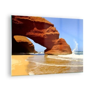 Tablou pe sticlă - Arcuri de rocă roșie peste plajă și ocean - 70x50cm - Apă și vânt de mii de ani - Decorațiune modernă pentru perete pentru living și dormitor ARTTOR