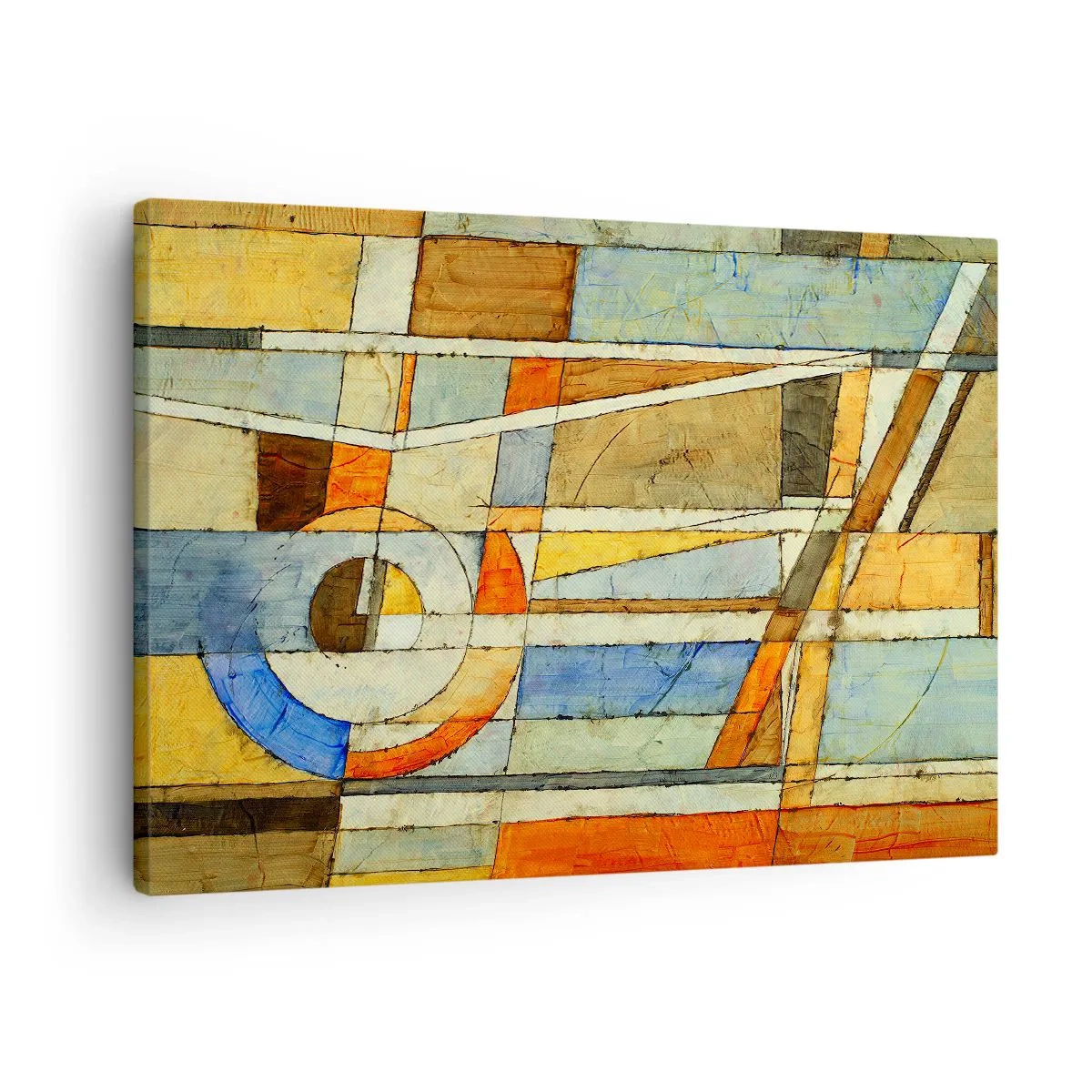 Tablou pe pânză Canvas - Abstracție geometrică în nuanțe de bej, albastru și portocaliu - 70x50cm - Cubismul în construcție - Decorațiune modernă pentru perete pentru living și dormitor ARTTOR