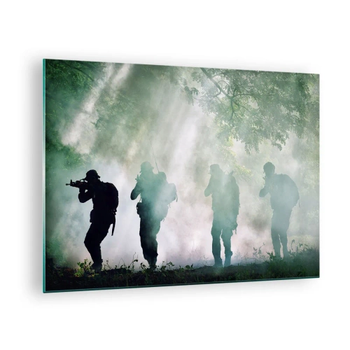 Tablou pe sticlă - Un grup de soldați în fum, mergând prin pădure, în alertă maximă - 70x50cm - Unul pentru toți... - Decorațiune modernă pentru perete pentru living și dormitor ARTTOR