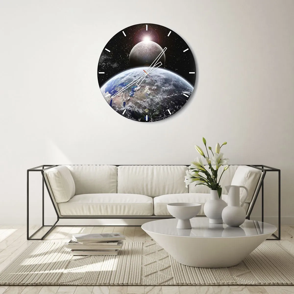Ceas de perete - Ceas pe sticlă - Pământul și Luna în spațiu - 30x30cm - Peisaj cosmic - răsărit de soare - Decorațiune modernă pentru perete pentru living, bucătărie și dormitor ARTTOR