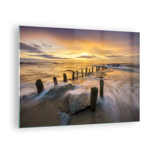 Tablou pe sticlă - Apus de soare peste mare cu piloni de lemn pe plajă - 70x50cm - Frumusețe brută a mării - Decorațiune modernă pentru perete pentru living și dormitor ARTTOR