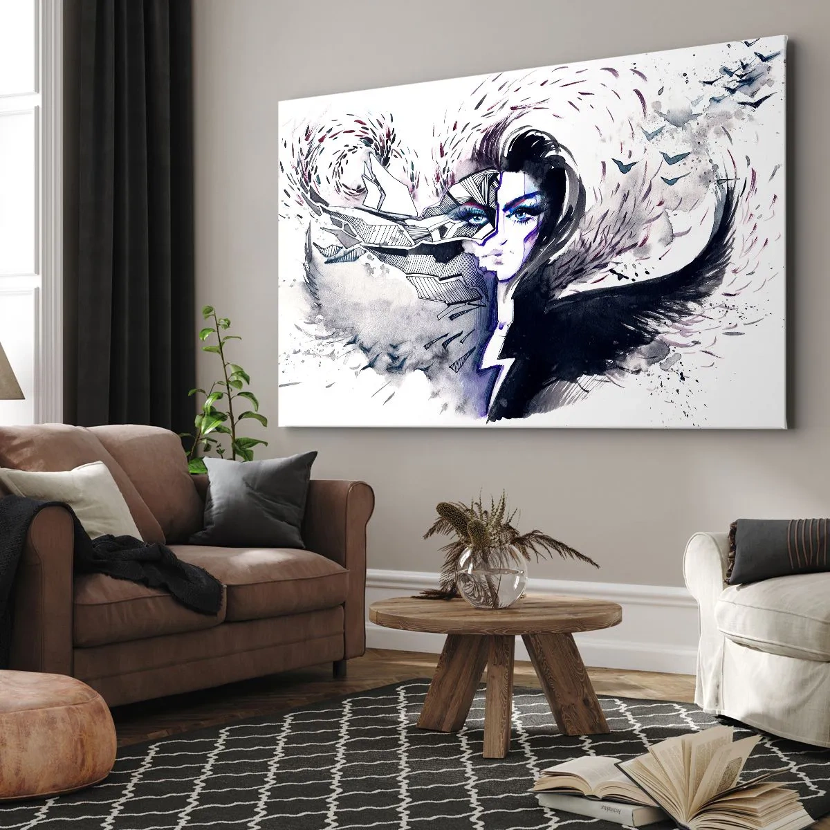 Tablou pe pânză Canvas - Față abstractă cu elemente contrastante și motiv de aripă - 70x50cm - Demonică și frumoasă - Decorațiune modernă pentru perete pentru living și dormitor ARTTOR