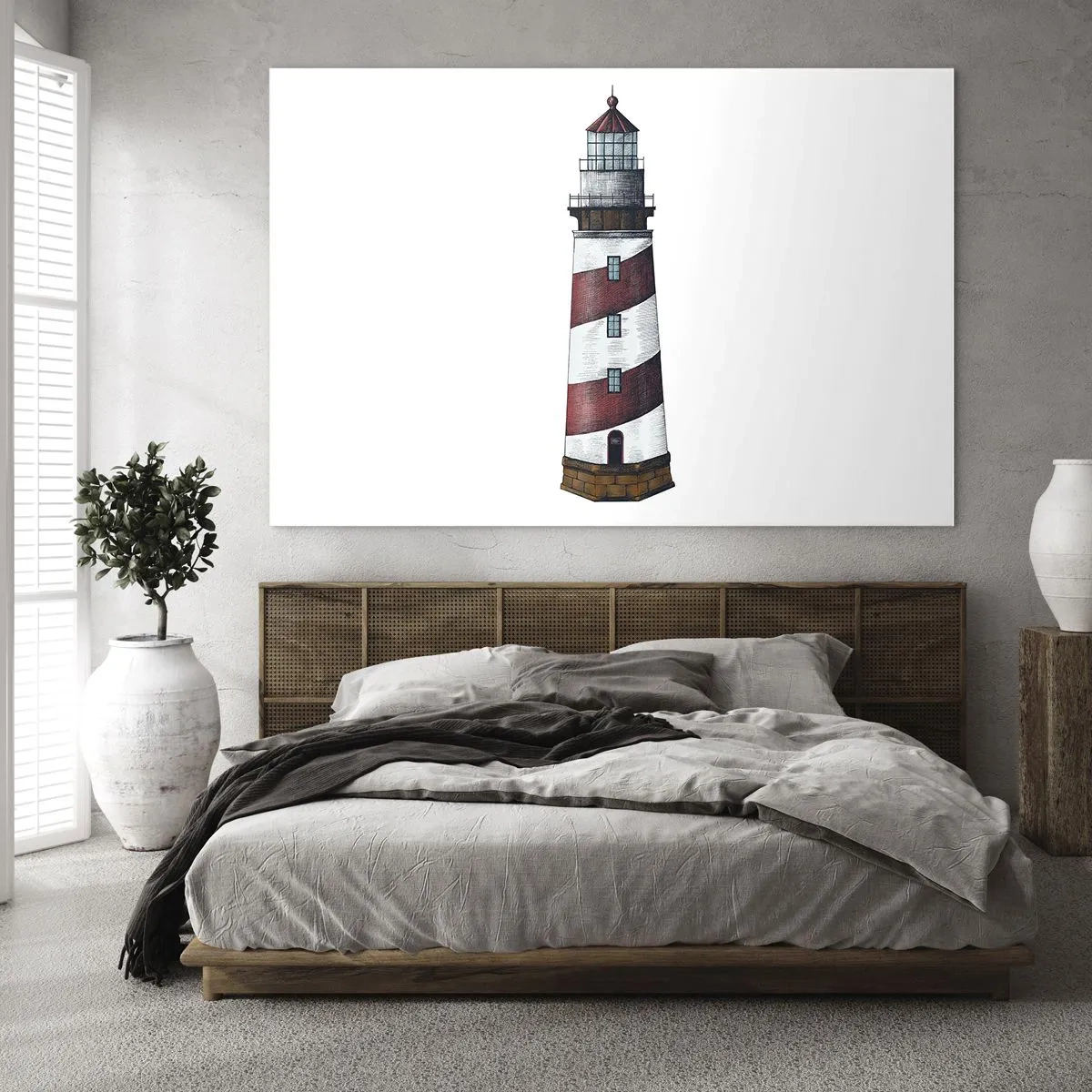 Tablou pe sticlă - Far roșu și alb pe fundal alb - 70x50cm - Întotdeauna de veghe - Decorațiune modernă pentru perete pentru living și dormitor ARTTOR