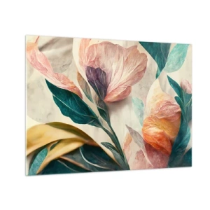 Tablou pe sticlă - Flori și frunze exotice în culori pastelate, în stil botanic - 70x50cm - Flori din insulele sudice - Decorațiune modernă pentru perete pentru living și dormitor ARTTOR
