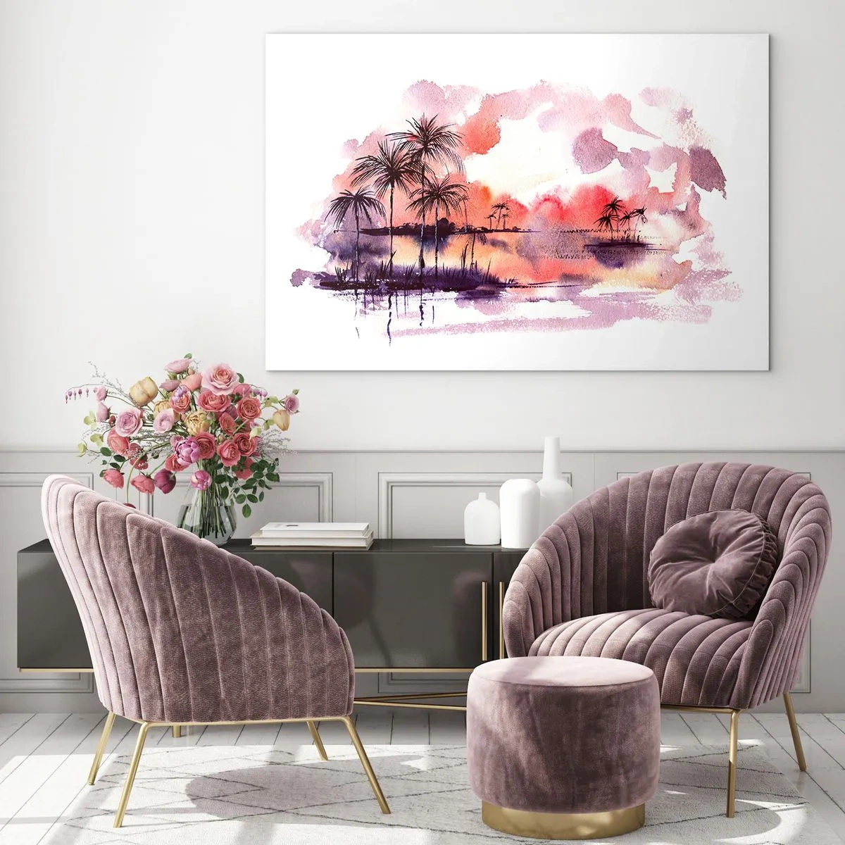 Tablou pe sticlă - Peisaj tropical la apus în acuarelă - 70x50cm - Liniștea tropicelor în roșu - Decorațiune modernă pentru perete pentru living și dormitor ARTTOR