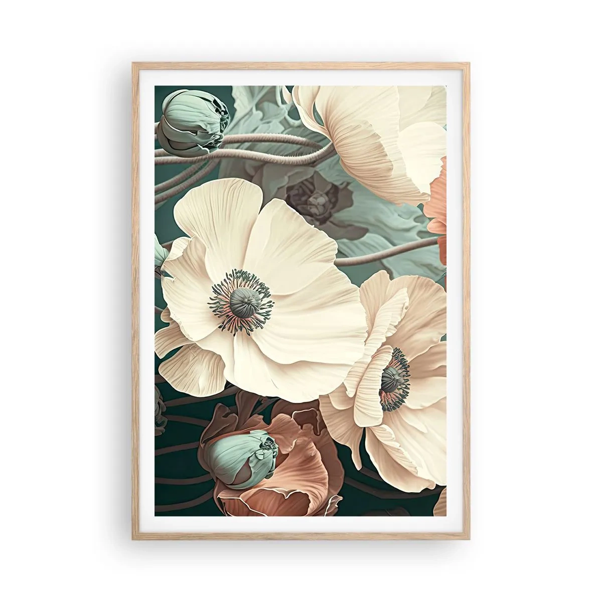 Poster în ramă de stejar deschis - Șoapta macilor - 70x100 cm