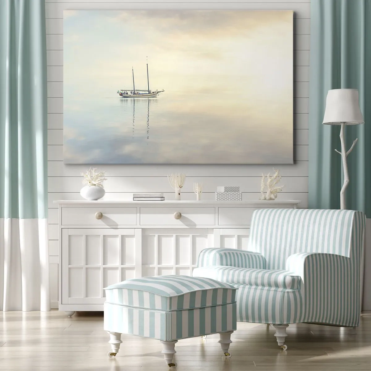 Tablou pe pânză Canvas - O barcă pe o mare calmă într-o lumină blândă - 70x50cm - În tăcerea mării - Decorațiune modernă pentru perete pentru living și dormitor ARTTOR