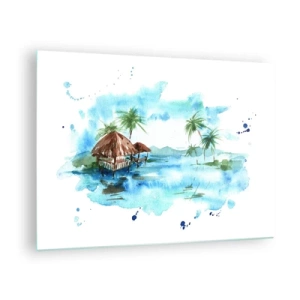 Tablou pe sticlă - Peisaj tropical cu palmieri și o cabană în stil acuarelă - 70x50cm - Undeva în Pacific - Decorațiune modernă pentru perete pentru living și dormitor ARTTOR